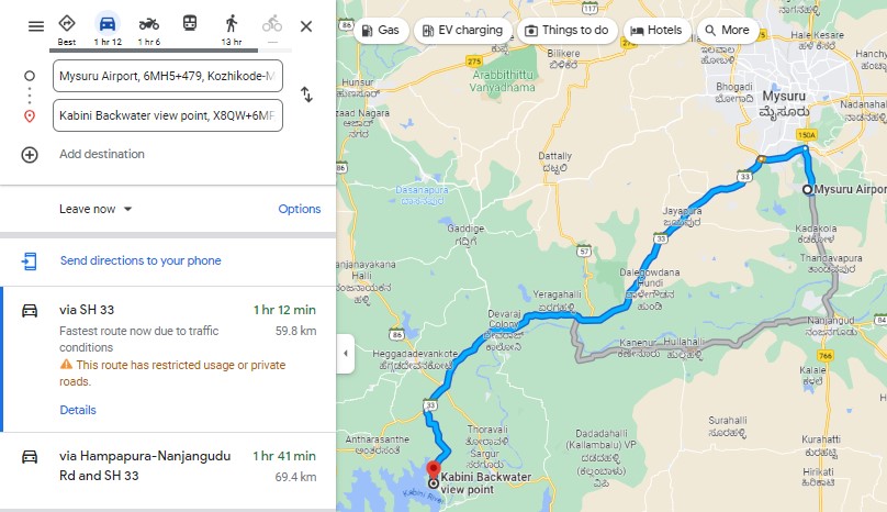 Route Map - Mysore Airport to Kabini, Nagarhole National Park